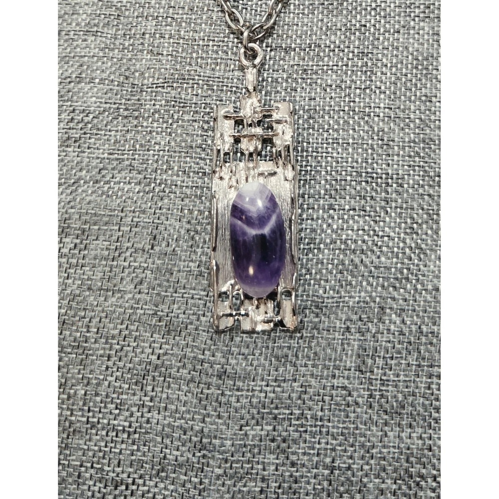 Brutalist Modernist Necklace Silver Tone Purple Amethyst Pendant 1970s Vintage